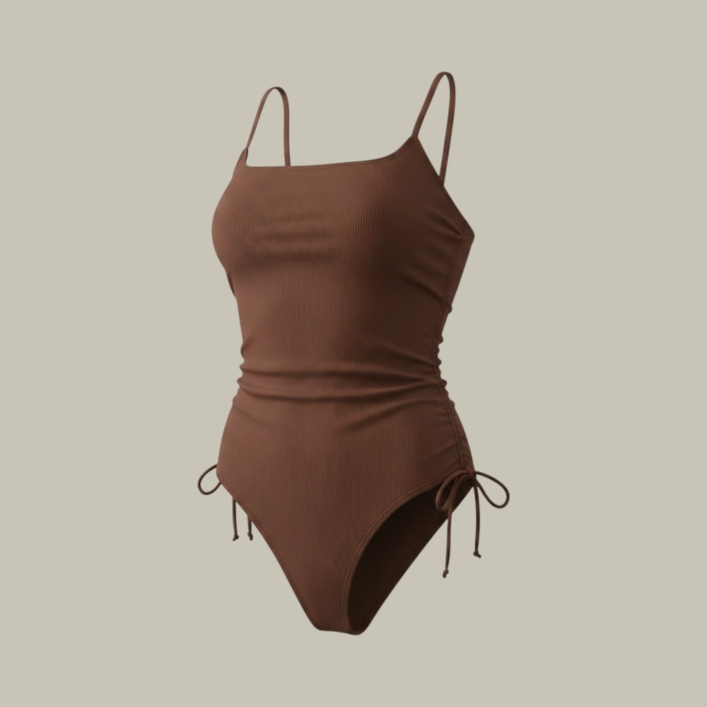 Shade & Shore Brown Ribbed One Piece Swimsuit Ruched Side Tie Small 4-6 NWT